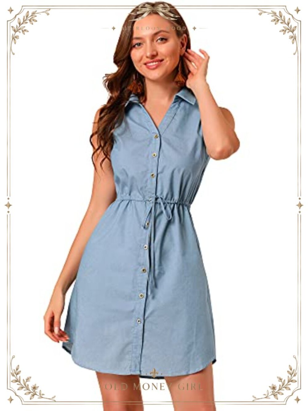 Sleeveless Denim Shirt Dress Tie Waist Button Down Casual